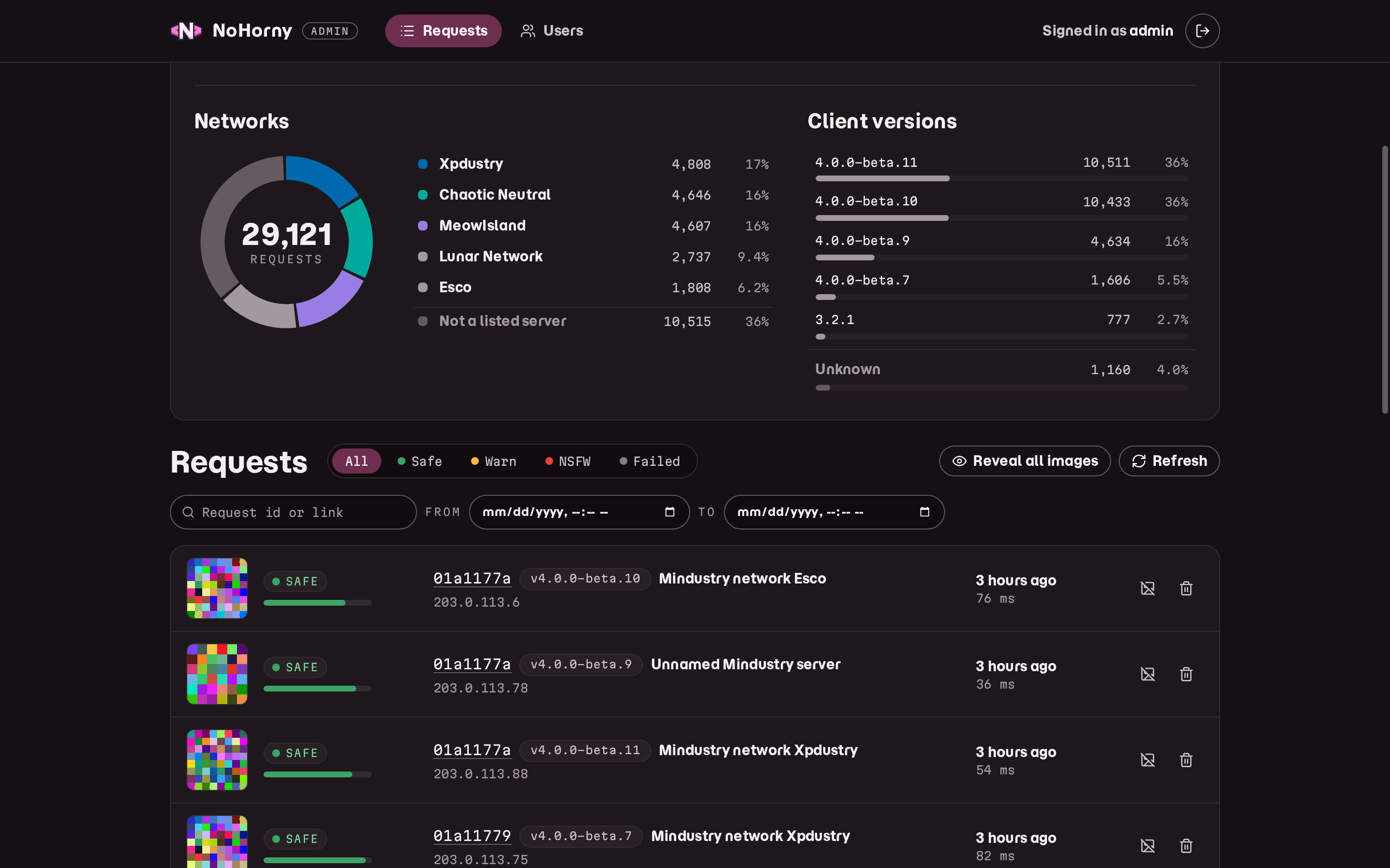 The admin panel request list with filters by verdict and date, and rows showing the image, verdict, request id, client version, server and timing