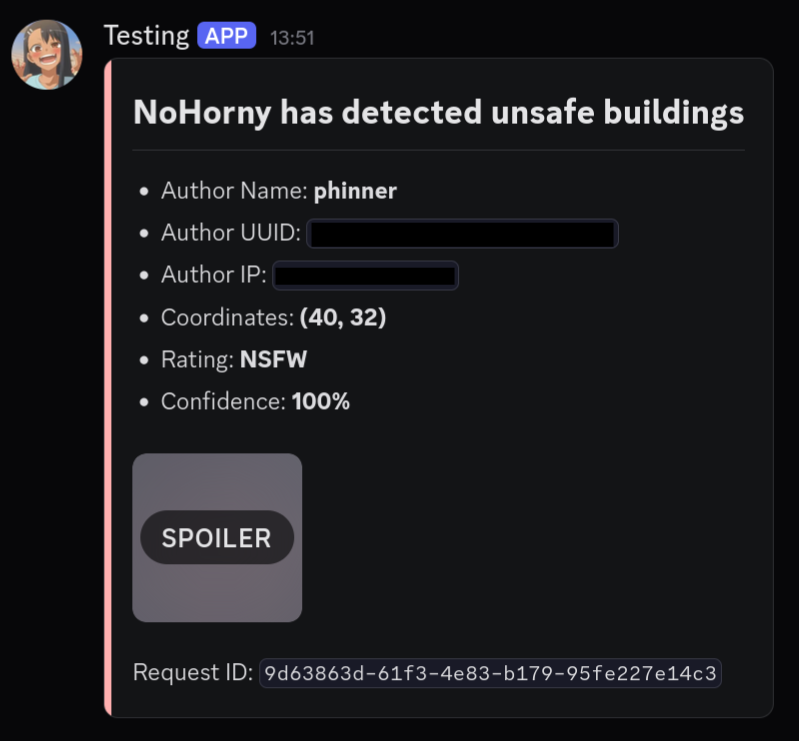 A Discord alert from NoHorny listing the author, coordinates, rating and confidence, with the rendered image hidden behind a spoiler